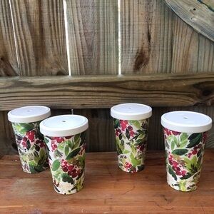 Set of 4 Patina Vie Holiday Holley Berry Bamboo Travel Tumblers & Lids Size 16oz